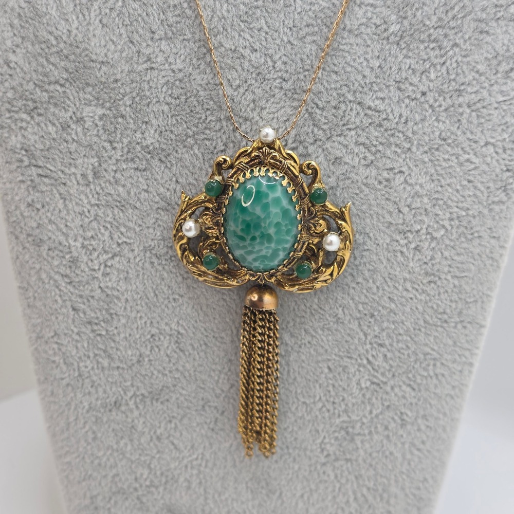 Vintage Peking Glass Cabochon Tassel Pendant Brooch Necklace Victorian Style 18"